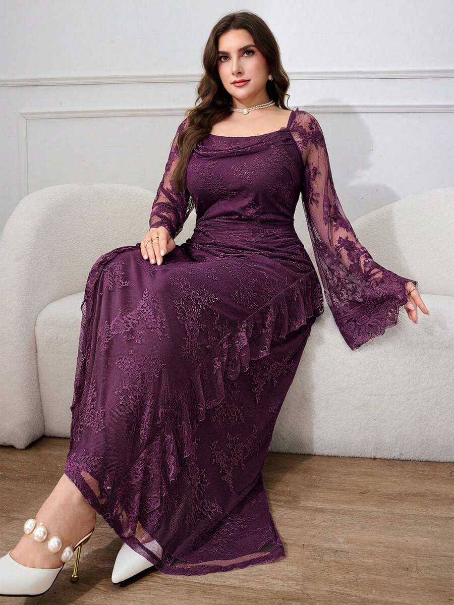 Modelyn Plus Size Solid Color Lace Sheer Long Sleeve Dress - Purple - View 1