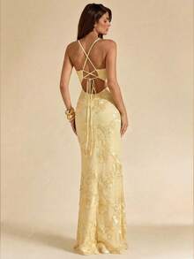 SHEIN BAE 纯黄色提花无袖修身连衣裙，优雅早午餐连衣裙，婚礼宾客礼服，鸡尾酒会礼服，高贵连衣裙，黄色连衣裙，度假沙滩连衣裙 - 綠色 - 查看 3