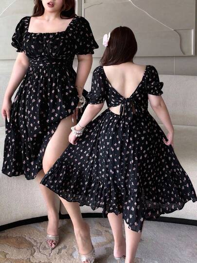 Vibekara Plus Size Textured Print Backless Tie Dress, Suitable For Spring And Summer