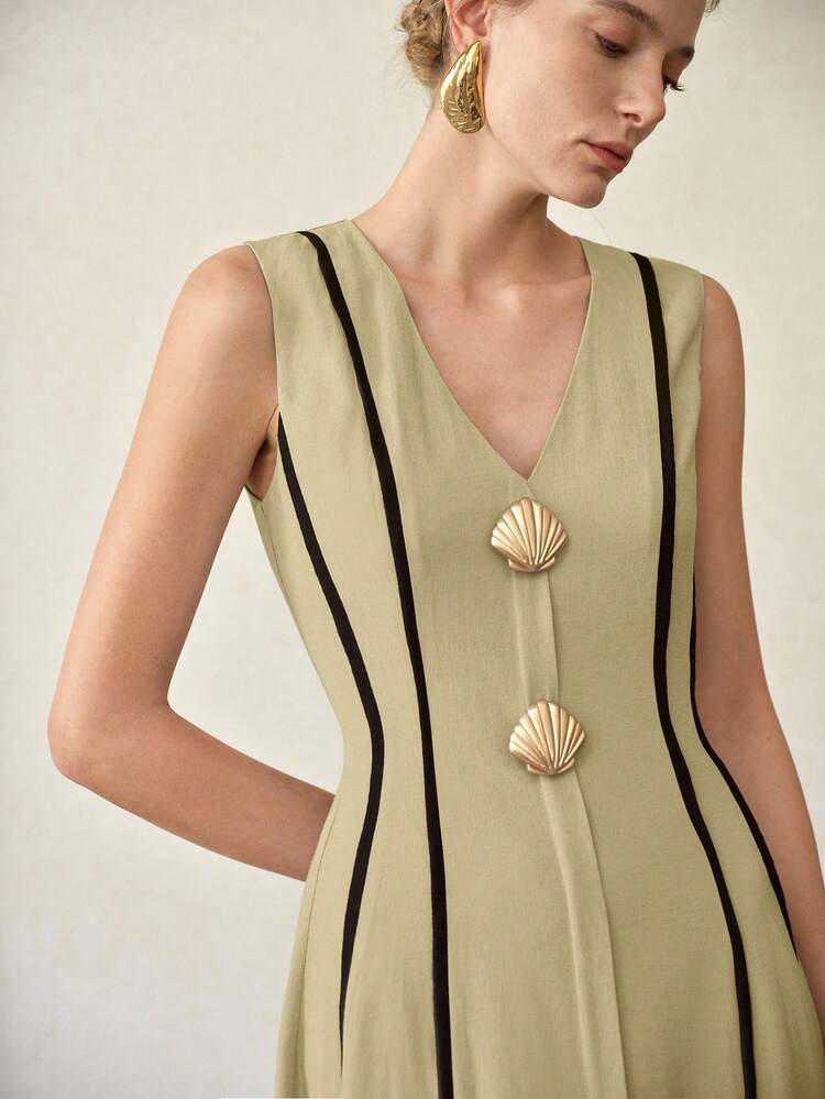 WOMEN'S CONTRAST PIPING SHELL DECOR WAIST SLEEVELESS MID-LENGTH SUMMER DRESS