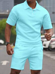 Manfinity Homme 男士淺藍色夏季休閒度假紋理短袖 Polo 衫與短褲 2 件套，海灘穿搭兩件式不對稱套裝 - 水鴨藍 - 查看 3