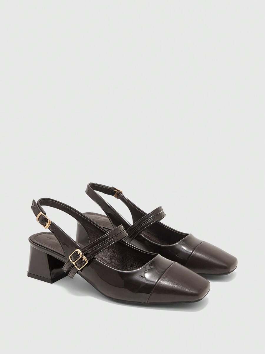 CUCCOO BIZCHIC Ladies Square Heel Mary Jane Buckle High Heels Elegant Fashion - Coffee Brown - View 1