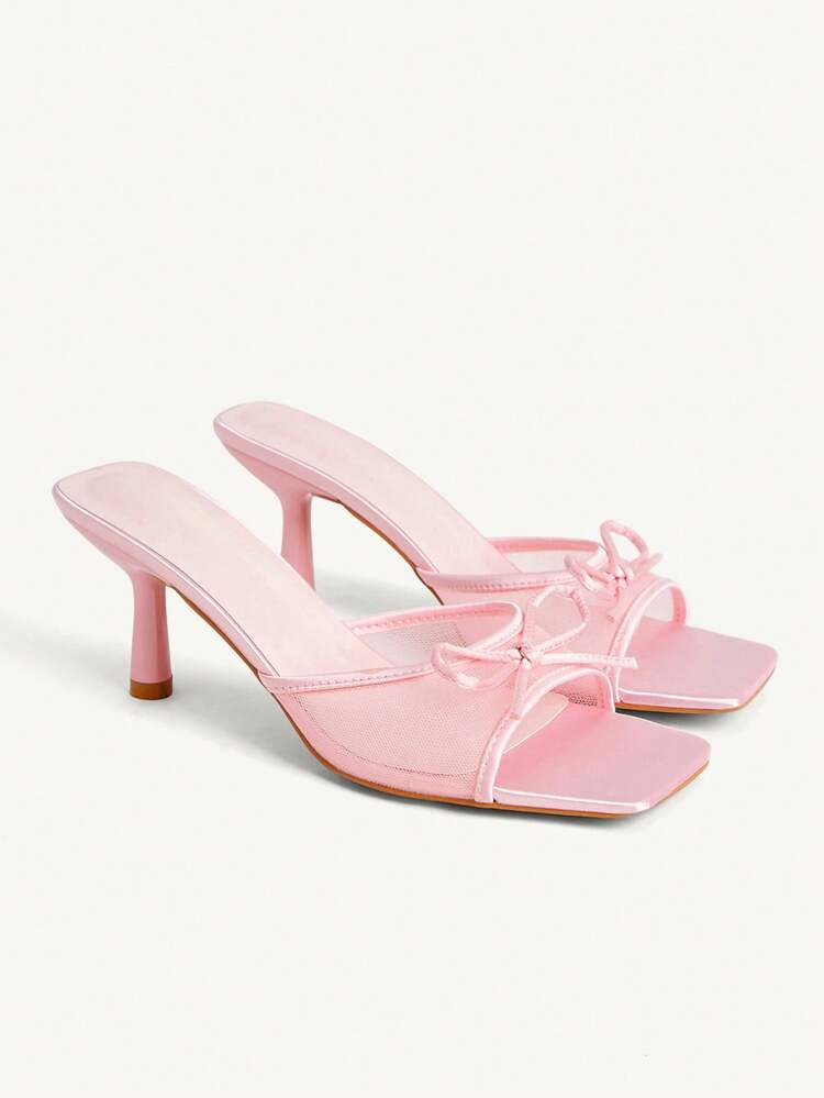 CUCCOO CHICEST Women Shoes Pink Satin Mesh Splicing Bow Fashion Spring And Summer Temperament Square Toe High Heel Sandals