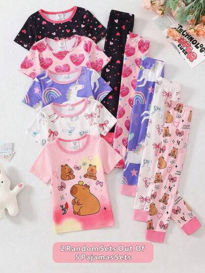 5款女童蝴蝶、独角兽、水豚和可爱卡通印花针织弹力柔软短袖上衣和裤子睡衣套装，随机抽取2套。