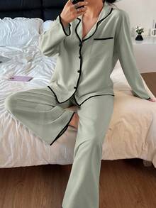 Napfluff Bộ đồ ngủ dài tay dáng rộng, cổ ve áo, viền tương phản dành cho nữ - màu xanh lá - Xem 5