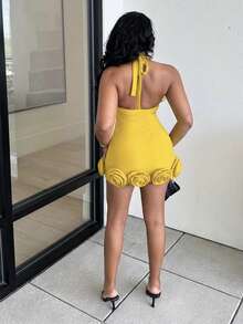 Alexandranx 女士性感撞色蕾丝3D立体花卉吊带连衣裙，夏季派对 - 黃色 - 查看 2