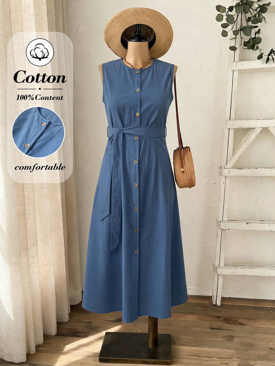 Rusticease Đầm không tay đơn sắc tối giản dành cho nữ, thích hợp mặc hàng ngày. - Xám Xanh - Xem 1