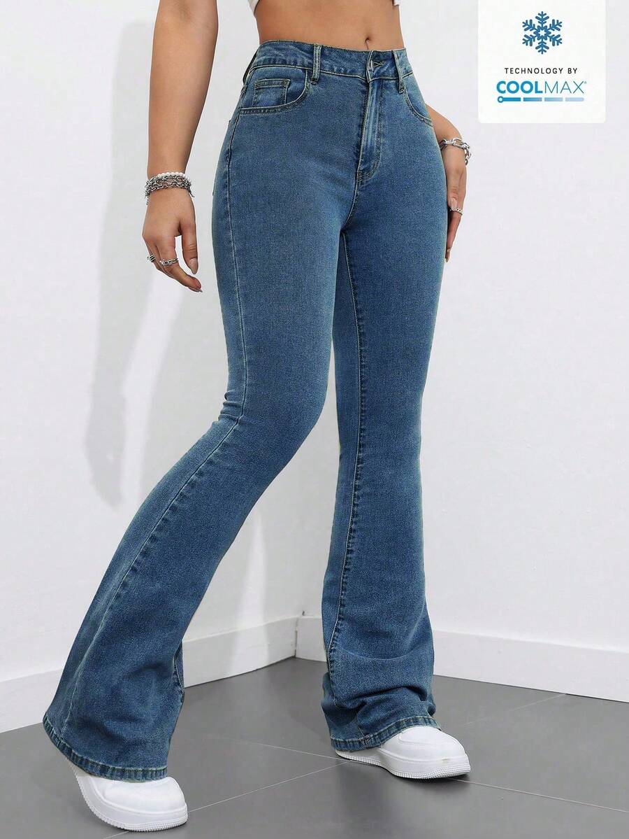 Flexra Quần jeans ống loe nữ, thích hợp mặc hàng ngày. - Rửa trung bình - Xem 1