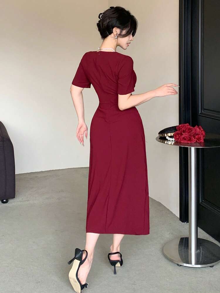 Women's Solid Color Pleated Elegant Waist Cinched Long Party Dress