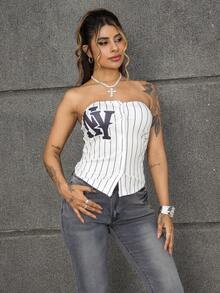 Rayane Ketlyn 女款街头风格竖条纹字母印花抹胸上衣 - 白色 - 查看 4