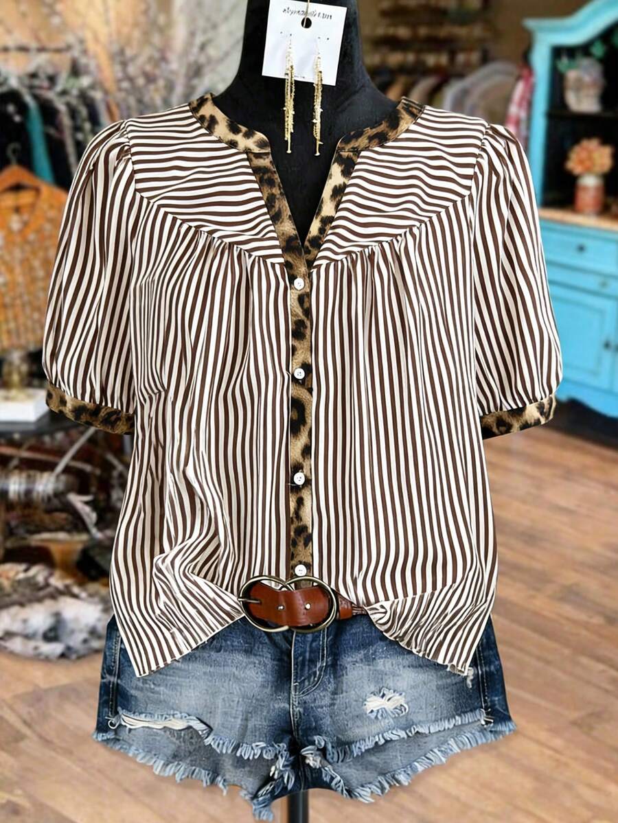 Linhara 条纹豹纹拼接休闲优雅度假风西部牛仔百搭短袖宽松大码衬衫，适合春、夏、秋季穿着。 - 棕色 - 查看 1