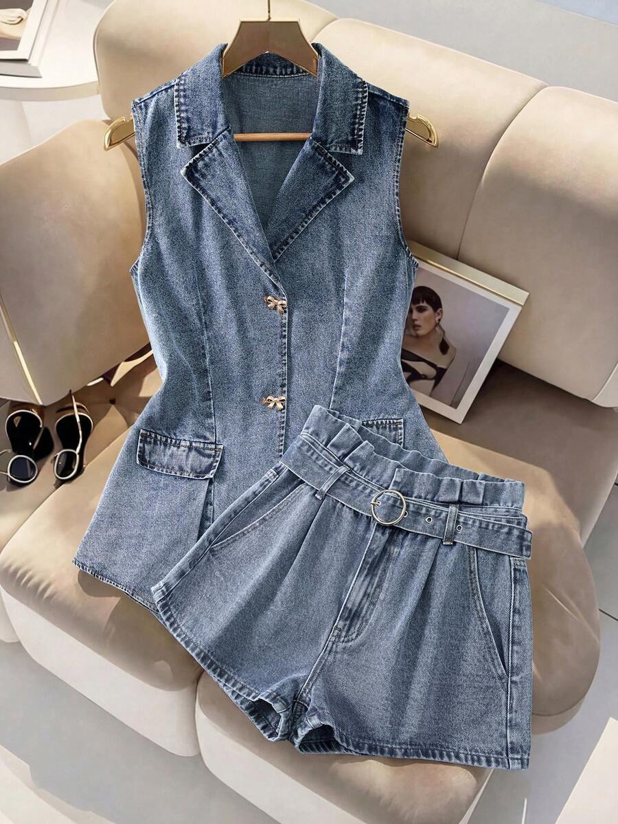 GlowEve 女士休闲百搭日常牛仔短裤，带口袋 - 藍色 - 查看 1