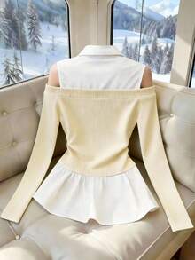 Franclia Áo kiểu Pháp tối giản 2 trong 1: Áo trễ vai tay phồng cổ điển màu đen trắng tương phản dành cho nữ - Màu be - Xem 2