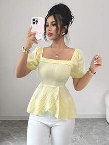 Selianne 全新设计毛茛色方领褶饰腰部隐形修身泡泡袖女式衬衫 - 黃色 - 查看 2