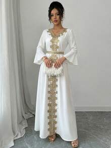 Selianne Vestido de fiesta elegante con cuello en V y cintura fruncida para mujer de talla grande - Blanco - Ver 3
