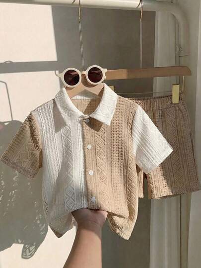 2pcs/Set Toddler Boys' Textured Fabric Color Block Polo Collar Short Sleeve Shirt And Shorts Set, Casual Spring/Summer