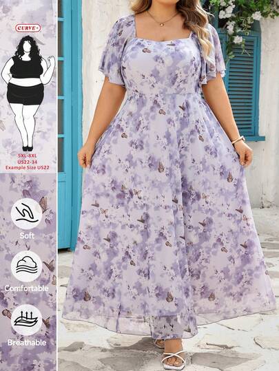 SHEIN CURVE+ Plus Size Women Butterfly Print Ruffle Sleeve Elegant Dress Wedding Guest Outfits For Women Curve Spring Outfits For Women Curve Womens Plus Size Dresses