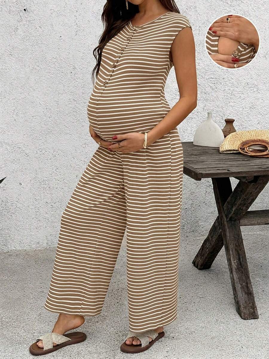 SHEIN 孕妇条纹圆领短袖哺乳连体衣 - 咖啡棕 - 查看 1