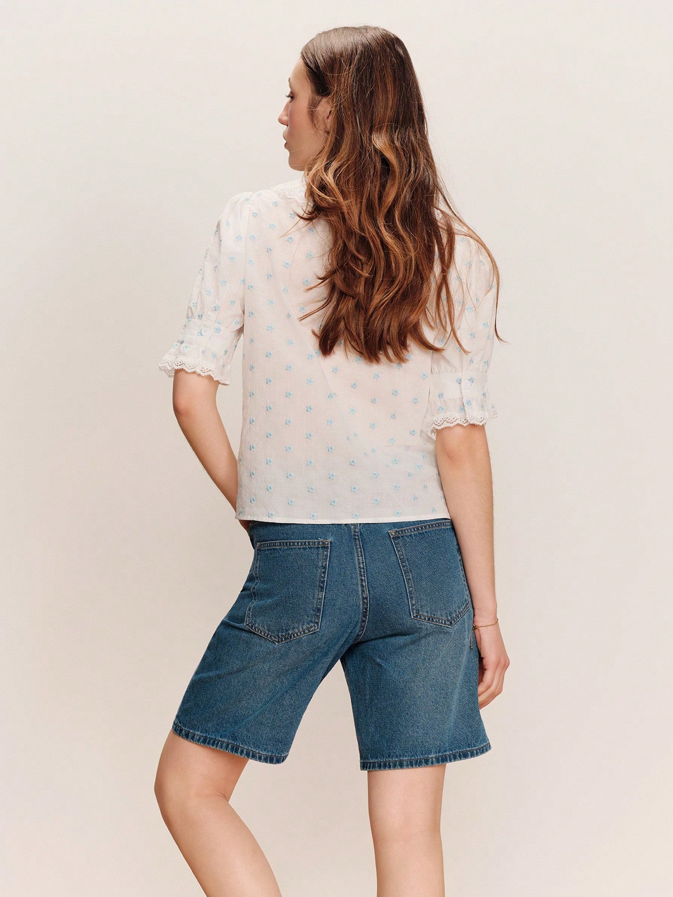 White Floral Plumetti Blouse With Ruffled Neckline Spring Summer French Style Parisian Style Vintage Cotton Top White Cotton Top White Flower Top Cute Top Office Outfit Blouse For Women Casual Blouse Women Ruffle Top Women Short Sleeve Blouse Floral Print Top