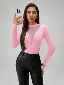 Almamuse Petite Women's Fashion Sheer Mesh Patchwork Long Sleeve Hollow Out Bodysuit Pink Bodysuit - Pink - View 3
