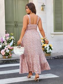 Breezaya Robe longue sans bretelles à volants et taille cintrée avec imprimé floral pour femmes grandes tailles. Convient pour les festivals de musique, les rassemblements de la fête des mères, les fêtes, les mariages, les vacances bohèmes, le port quotidien au Moyen-Orient, le printemps/été - Rose bonbon - Voir 2