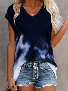 EMERY ROSE 女士扎染V领休闲百搭日常穿搭T恤 - 藏蓝色 - 查看 1