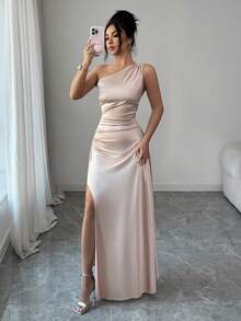 Selianne Vestido de noche largo y sexy para mujer con un hombro, cintura fruncida y abertura alta, de satén de lujo, nuevo para el verano de 2026 - Champán - Ver 5