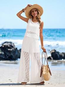 Sylviya Set casual da donna con top a collo tondo e pantaloni a gamba ampia, adatto per abbigliamento estivo quotidiano, outfit primaverili da donna, outfit da spiaggia per donne, outfit da vacanza, outfit casual da donna, set casual da donna, pantaloni bianchi per outfit da crociera, set da donna a due pezzi, coprire abiti bianchi da donna per la spiaggia, outfit da spiaggia da donna, abito copricostume all'uncinetto - Bianco - Visualizzare 1