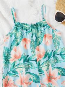 SHEIN Young Girl Vacation Casual Chiffon Ditsy Floral Jumpsuit - Blue - View 3