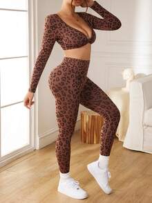 Slayform Slayform Seamless Ribbed High Elasticity Leopard Print Sexy Yoga Fitness Set For Women - Brown - View 6