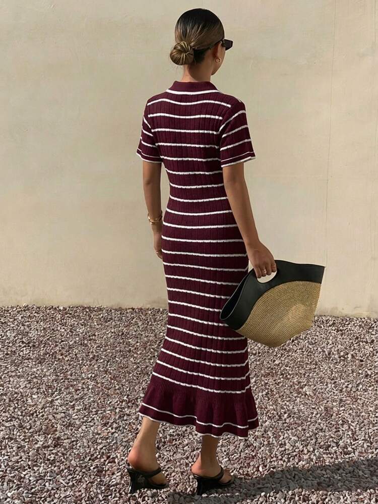 Women's Elegant Turndown Collar Colorblock Striped Knit Dress, Summer