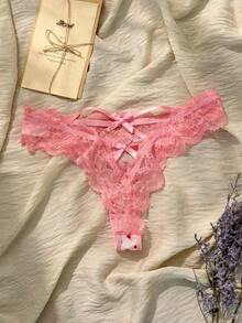 女士性感爱心植绒蕾丝边丁字裤 - 粉色 - 查看 2
