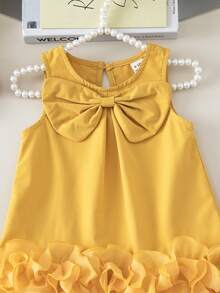 Elladie kids Vestido elegante sin mangas para niñas bebé con decoración de lazo y volantes de malla, moda minimalista para primavera y verano - Amarillo - Ver 4