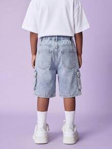 Trending Summer Young Boys' Washed Denim Utility Cargo Shorts, Elastic Waist Loose Straight Leg Design - Light Wash - View 2