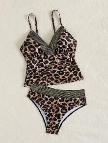 Swim Lushoire Bộ bikini hai mảnh dành cho nữ, kiểu dáng gợi cảm, thích hợp cho mùa hè, đi biển, với họa tiết da báo, áo hai dây và viền dây dệt, kết hợp với quần bikini cạp cao màu đen và bạc, thích hợp cho kỳ nghỉ, mùa xuân, mùa thu, du lịch biển. - Nhiều màu - Xem 9