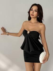 SHEIN PETITE Vestido mini sexy sin tirantes para mujer, de verano - Negro - Ver 7