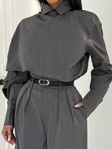 Shopreo 秋季勃艮第红葡萄酒适度老钱风骚闪光假日派对服装狂欢节郊游假期波西米亚风户外丰富层次婚礼季节宴会成人仪式 2 件女式高腰收腰中长西装外套，带斗篷袖灰色两件套现代女装单色服装两件套裤子女士灰色套装 - 灰色 - 查看 7