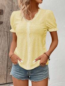 SHEIN LUNE Camiseta de vacaciones informal de unicolor con textura y ribete de encaje - Amarillo - Ver 4
