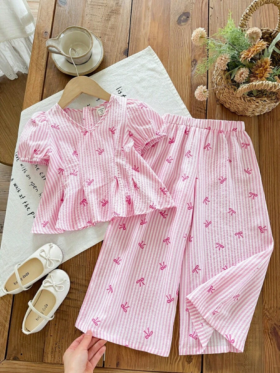 SHEIN 2件套女童条纹蝴蝶结V领泡泡袖休闲衬衫和裤子套装 - 淺粉色 - 查看 1