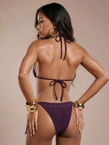 Normani Women's Purple Studded Bikini 3-Piece Swimwear With Mini Shorts & Cover-Up,Punk Rock Festival Y2k Summer Cute Beach Holiday Holiday Rose Gold - Red Violet - View 2