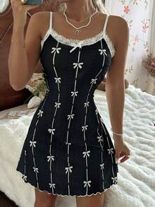 CottageSlumber Black Bow Tie Print Contrast Lace Trim Jacquard Camisole Nightgown - Black - View 6
