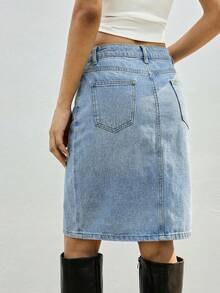 Maija Women's Solid Color Pocket Slit Denim Skirt With Belt Loop, Summer - Light Wash - View 2