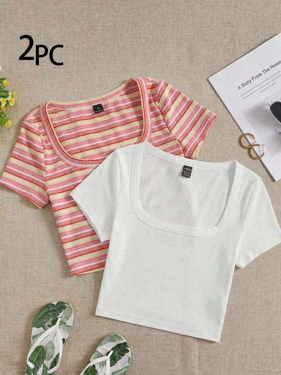 SHEIN EZwear 2 piezas Camiseta de mujer de manga corta con cuello de pico y rayas de contraste, para uso casual y de oficina - Multicolor - Ver 1
