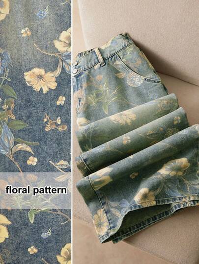 Elaquor Plus-Size Floral Denim Jeans, High-Waisted Straight Leg, Comfortable Elastic Waistband, Wide-Leg Summer Style With Pockets, Perfect For Vacation And Casual Wear. Printed Jeans