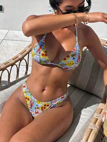 Swim Mod Women's 2026 Spring/Summer New Fruit & Shrimp Plaid Print Double Fabric V-Neck Backless Triangle Bikini Two Pieces Swimwear, Sweet Beach Vacation - Multicolor - View 3