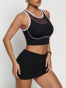 Gameset SHEIN Sport Women's Sports Bra With Front Panel Contrast Stitching,Removable Pads,Summer Athleisure Gym Outfit For Running,Yoga,Tennis,Golf,Black And White Top - Black - View 5