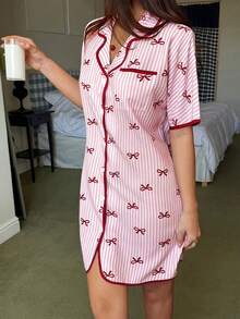 Napfluff 女士撞色滚边蝴蝶结条纹印花翻领宽松短袖睡裙 - 粉色 - 查看 6