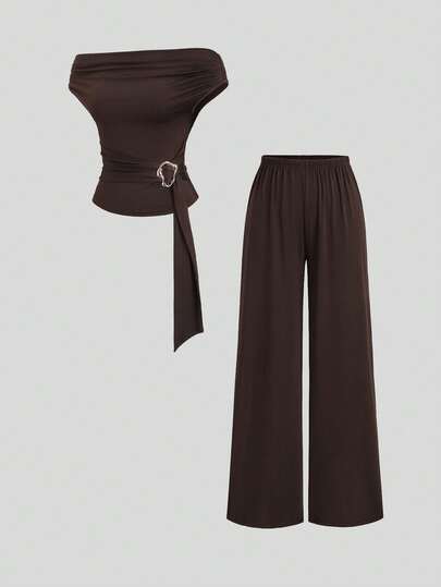 Sweetra Nuevo conjunto deportivo de primavera/verano para mujer con textura ajustada y hebilla metálica, ropa de calle cómoda, color marrón