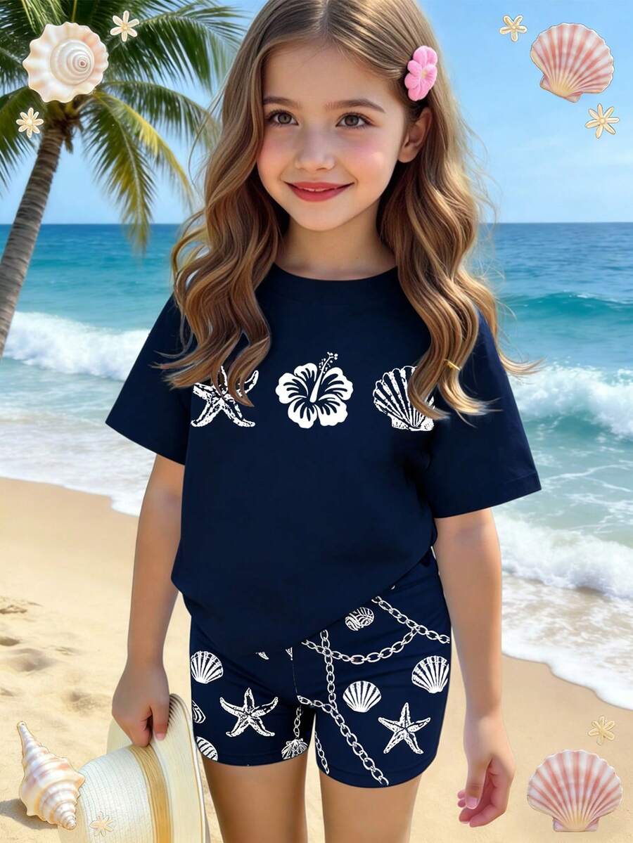 SHEIN 两件套女童夏季套装,可爱海洋生物贝壳蝴蝶结印花宽松圆领短袖T恤搭配紧身骑行短裤,适合春夏穿着,休闲风格,适合海滩、周末活动,可爱的小女孩夏季服装,韩版风格,夏季外套,女童夏季服装,女童贝壳套装,女童沙滩套装 - 彩色 - 查看 1