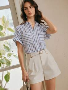 Anewsta Essential Women's Elegant Blue And White Striped Casual Short Sleeve Shirt, Suitable For Office And Vacation Wear - Blue - View 4
